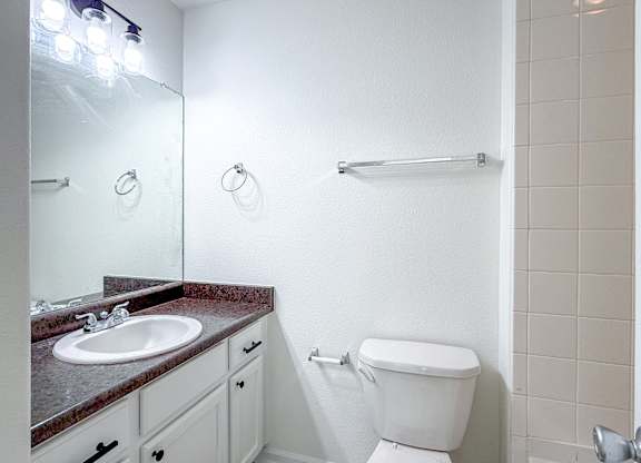 A white toilet sits next to a sink in a bathroom.