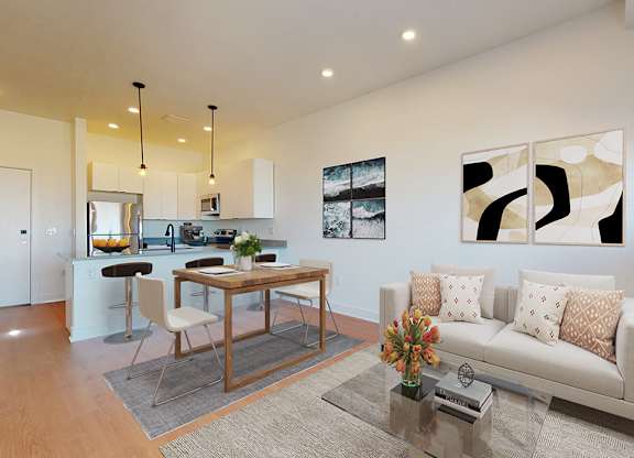 Bright Living Room at Mile Apartments, Denver, Colorado