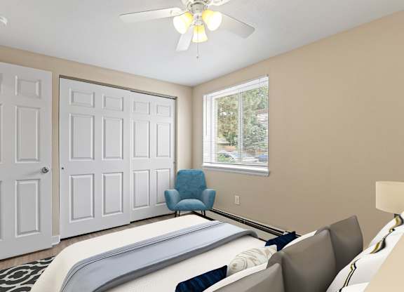 bedroom with two doors at Kingsbrook Arms, Englewood, Co 80113