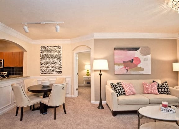 a living room with a couch and a table