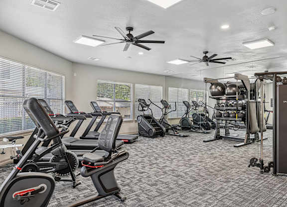 A gym with a variety of equipment including treadmills, weights, and a squat rack.