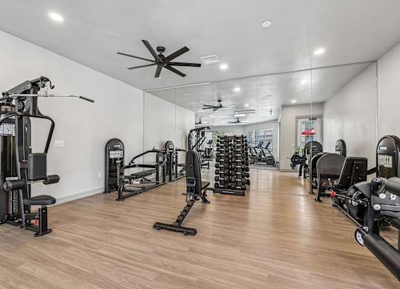 A spacious gym with a variety of equipment.