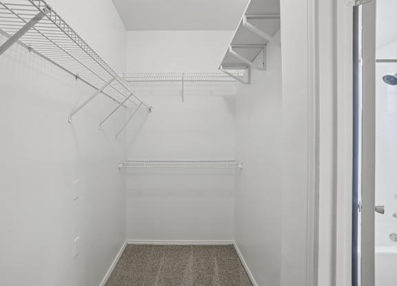 A walk-in closet with white walls and a carpeted floor.