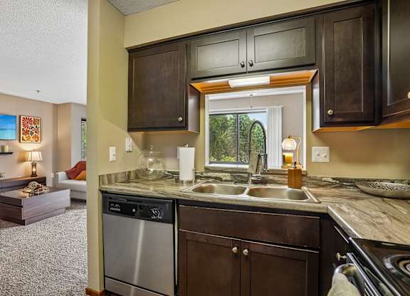 A kitchen with dark brown cabinets and a stainless steel dishwasher.