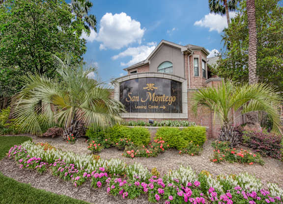 Apartments in Houston for Rent - San Montego Apartments Front Monument Sign Surrounded by Lush Landscaping