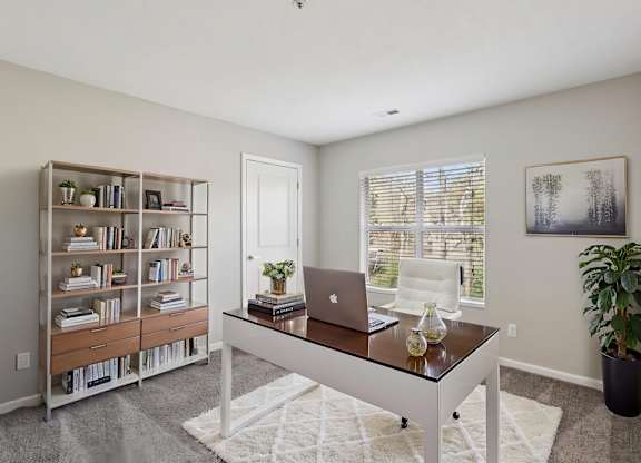 A room with a desk, a laptop, a bookshelf, and a potted plant.