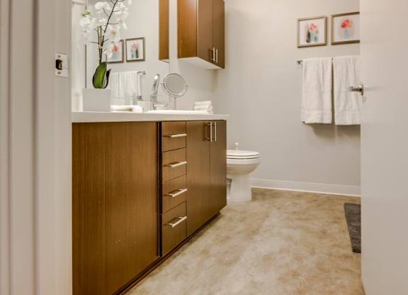 a bathroom with a toilet and a wooden cabinet
