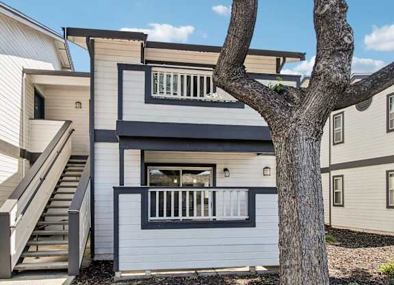 A tree stands in front of a two-story house.