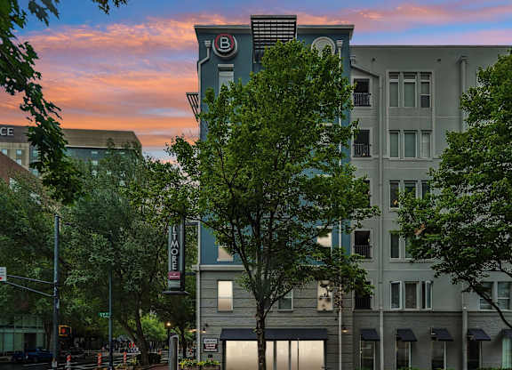 A tree in front of a building with a sign that says
