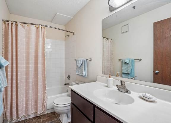 A bathroom with a toilet, sink, and shower curtain.