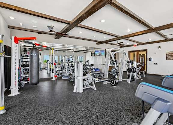 A gym with a variety of equipment including a punching bag, weight bench and leg press machine.