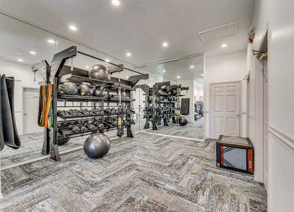a workout room with weights and equipment and a door to a closet