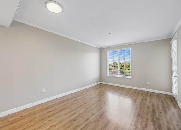 A room with wooden flooring and a window showing a view of trees.
