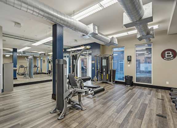 A gym with a variety of equipment including a squat rack, a bench press, and a treadmill.