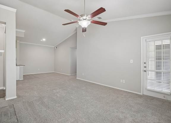 A room with a ceiling fan and carpeted floor.