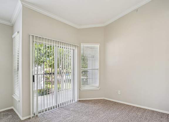 A room with a sliding glass door and a carpeted floor.