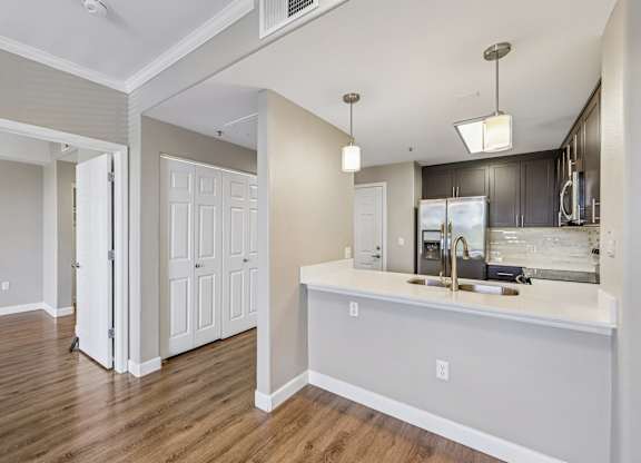 A kitchen with a white countertop and a white door.