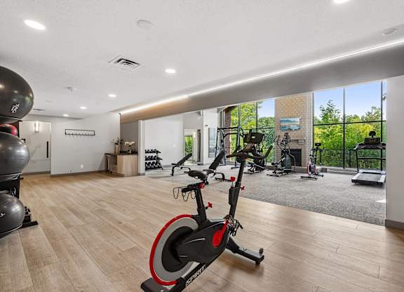 A room with a stationary bike and a rowing machine.