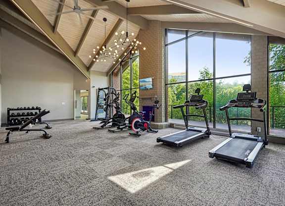 A spacious gym with treadmills, weights, and exercise equipment.