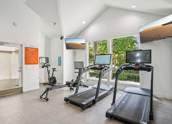A gym with treadmills and exercise bikes.