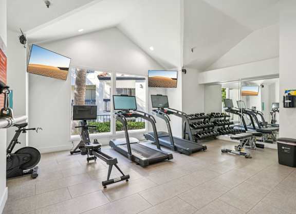 A gym with treadmills, elliptical machines, and other exercise equipment.
