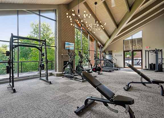 A gym with a variety of equipment including a squat rack, bench press, and a rowing machine.