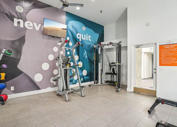 A gym with a wall mural and a variety of equipment.