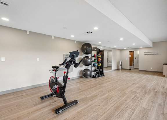 A room with a stationary bike and exercise balls.