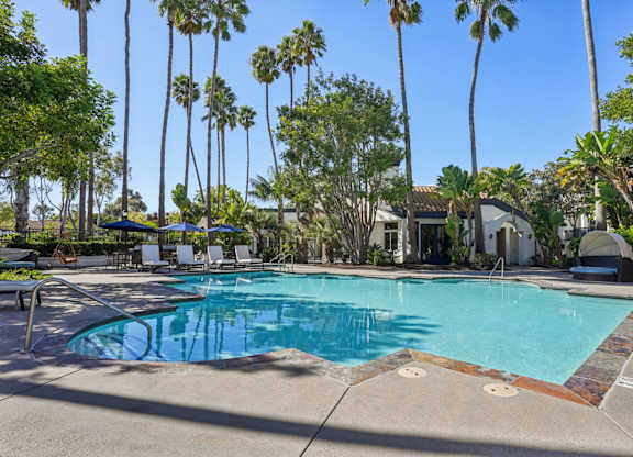 A pool surrounded by palm trees and a building in the background.