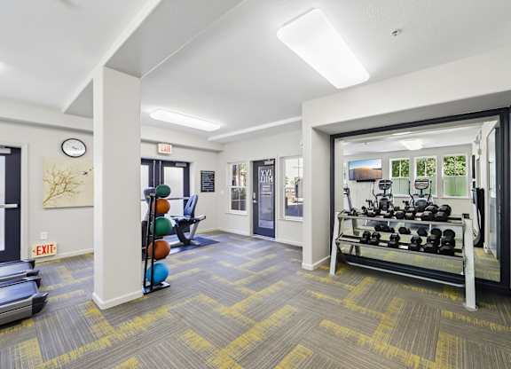 A gym room with a row of dumbbells and a bench press.