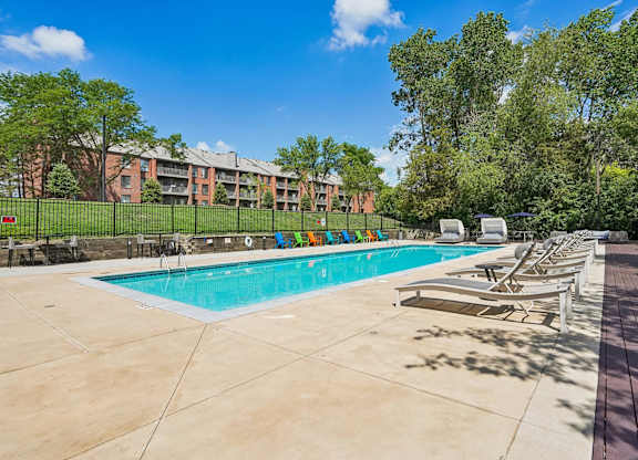 A swimming pool surrounded by sun loungers and trees.