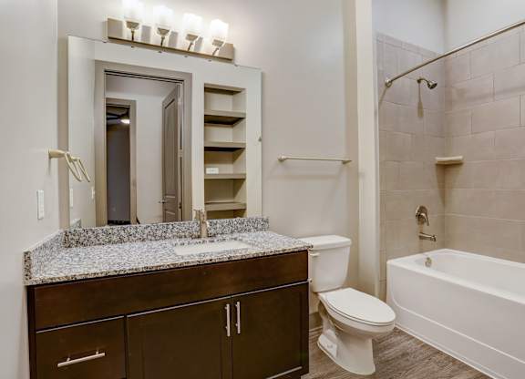 Pet-Friendly Apartments in Nashville, TN- Octave Apartments- bathroom with granite countertops cabinet space and beautifully lit vanity