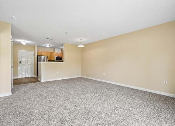 A large empty room with a carpeted floor and a doorway leading to another room.