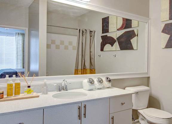 Pet-Friendly Apartments in Alpharetta, GA – The Ascent at Windward – bathroom with upgraded materials including granite countertops