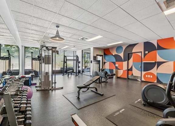 A gym with a variety of equipment including treadmills, weights, and exercise machines.