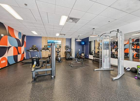 A gym with a variety of equipment including a treadmill, weights, and a bench press.