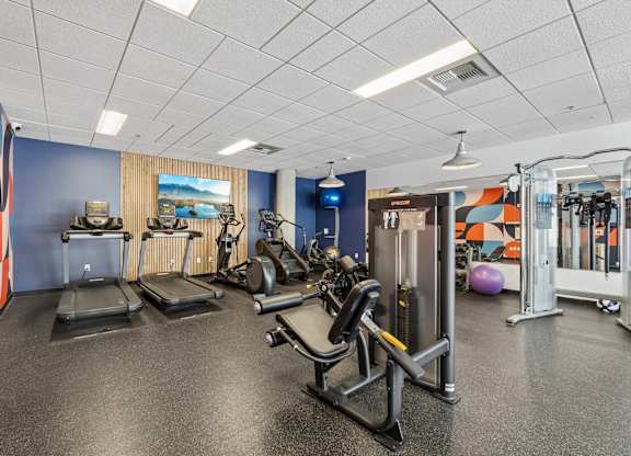 A gym with a variety of equipment including treadmills, weights, and exercise machines.