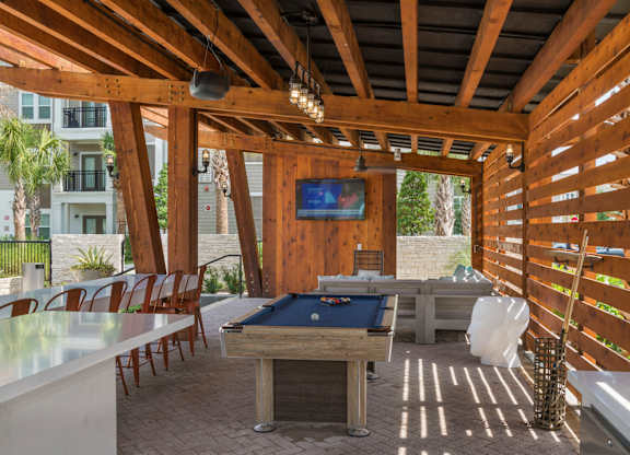 Pet-Friendly Apartments in Riverview – Sole at Brandon - Poolside Grill, Pool Table and Lounge Area