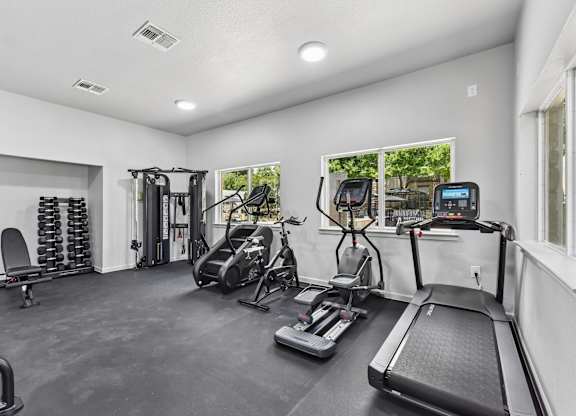 A spacious home gym with a variety of exercise equipment.