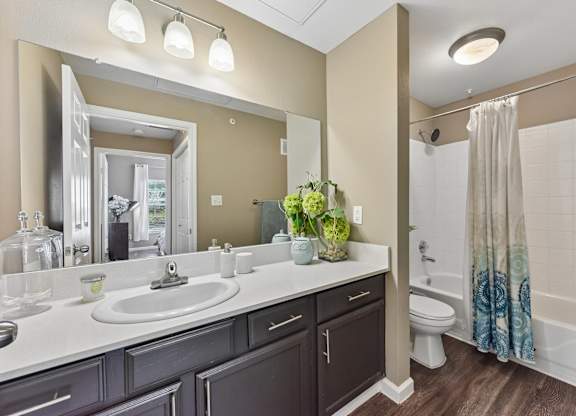 A bathroom with a sink, mirror, toilet, and shower.