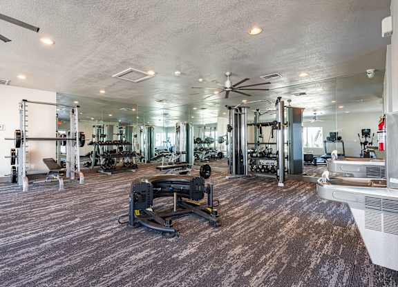 spacious gym with cardio machines and weights at the condos