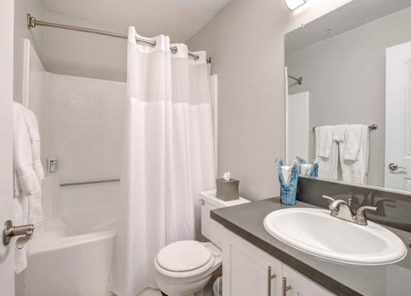 San Clemente Apartments for Rent - Rancho Del Mar - Bathroom with Granite Countertop Sink, White Cabinetry, Large Mirror, and Shower/Tub Combo with Shower Curtain.