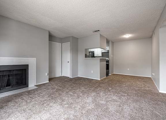 A spacious living room with a fireplace and a kitchenette in the background.