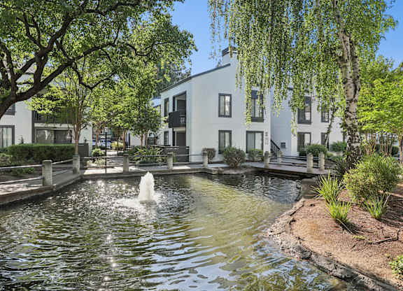 A fountain in the middle of a pond surrounded by trees and buildings.