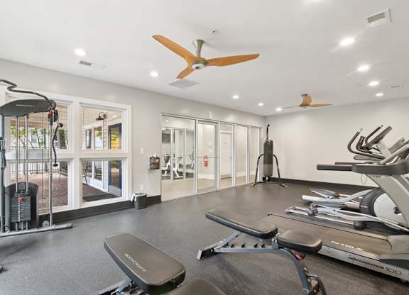 A gym with a variety of equipment including a treadmill, weights, and a bench press.