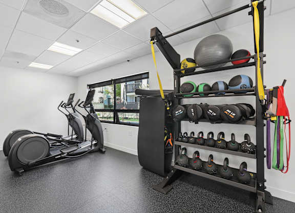 A gym with a treadmill, exercise balls, and kettlebells.