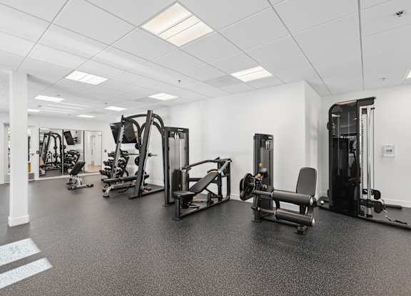 A spacious gym with a variety of equipment.