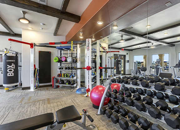 a gym with weights and dumbbells and other exercise equipment