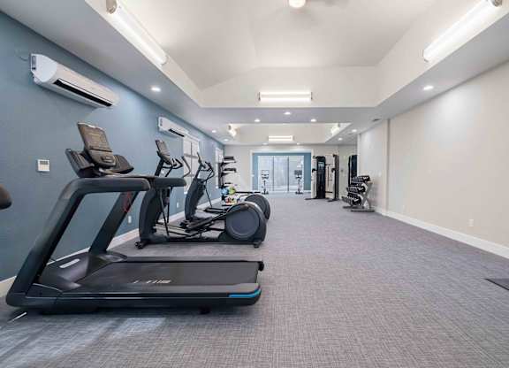 A spacious gym with treadmills and elliptical machines.