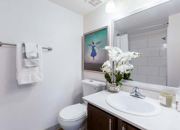 Apartments in Scottsdale, AZ for Rent - The Sycamore at Scottsdale - Bathroom with White Quartz Countertop Sink, Dark Wood-Tone Cabinetry, Large Mirror with Overhead Wall-Mounted Lighting, Wall-Mounted Towel Rack, and Shower with White Shower Curtain and Tile Backsplash.
